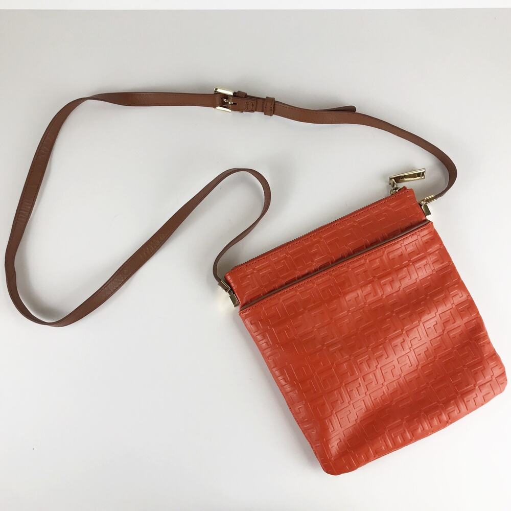 Tommy Hilfiger Orange Leather Monogrammed Zipper Top Crossbody Purse Bag Pocket